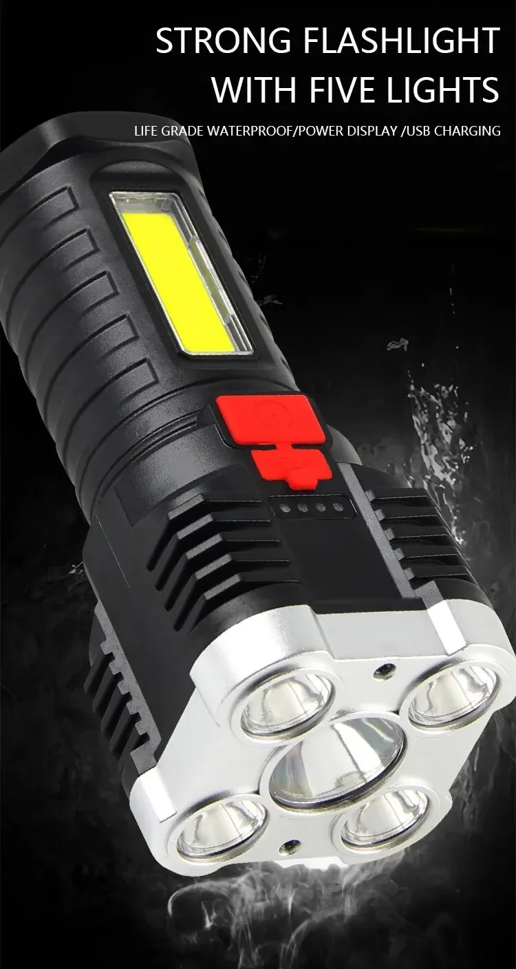 5LED High Power Led Flashlights Rechargeable Camping Spotlight with Side Light 3 Lighting Modes for Camping Adventure Outdoor