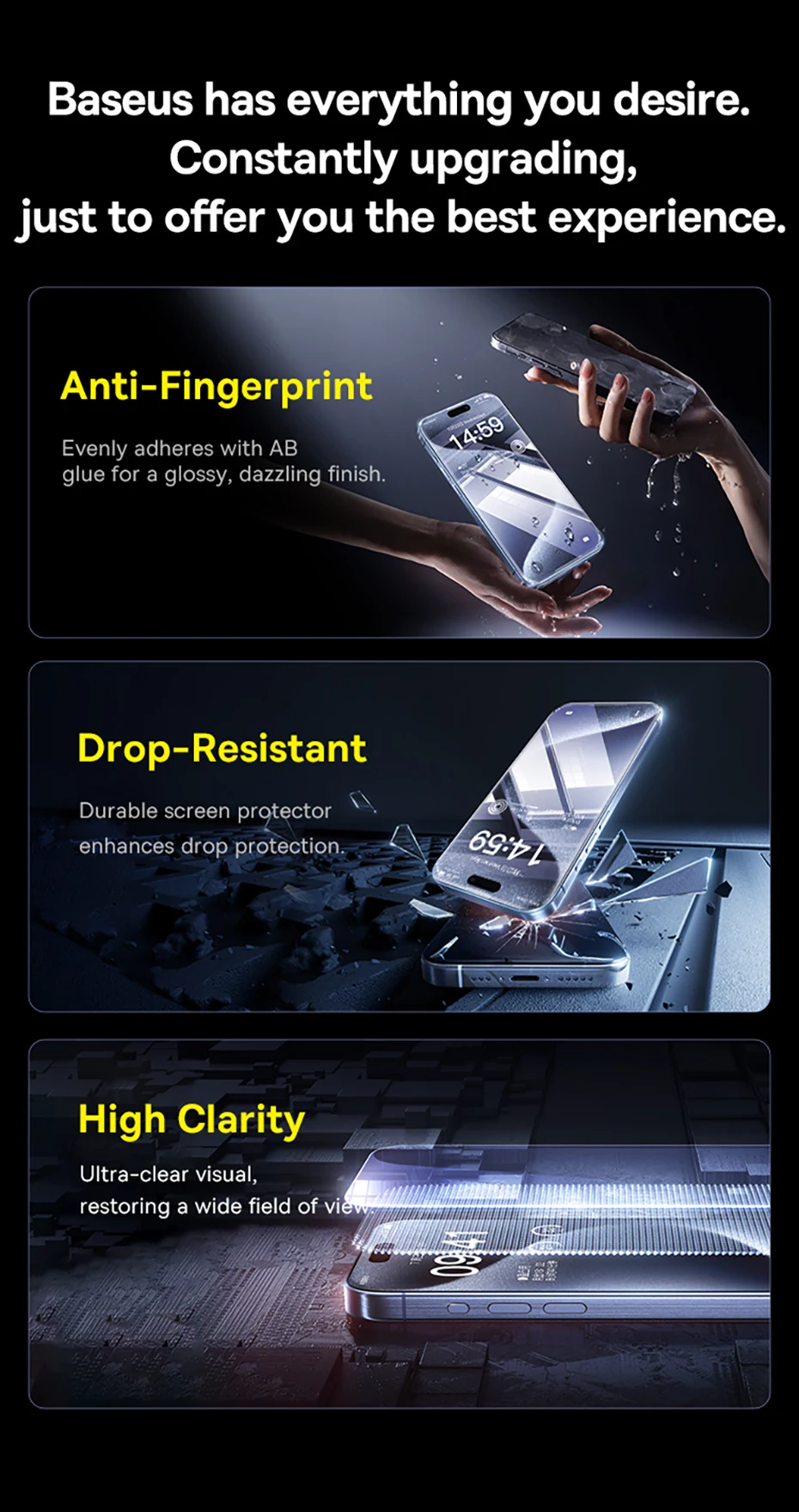 Baseus Tempered Glass for iPhone 17 16 Pro Max Screen Protector for iPhone 15 14 Pro Max Clear Edge Anti-Peeping Protective Film