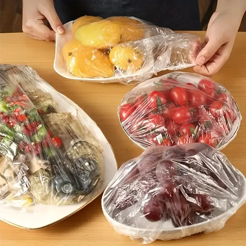 100pcs Disposable Food Cover Saran Wrap Bowel Cover Food Grade Fresh-keeping Plastic Bag Kitchen Storage Accessories