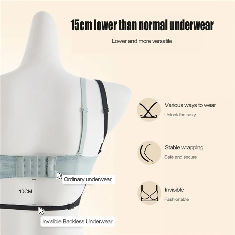 Women Invisible Bra Deep U Plunge Bras Backless Top for Dresses Sexy Lingerie with Transparent Strap Push Up Strapless Underwea