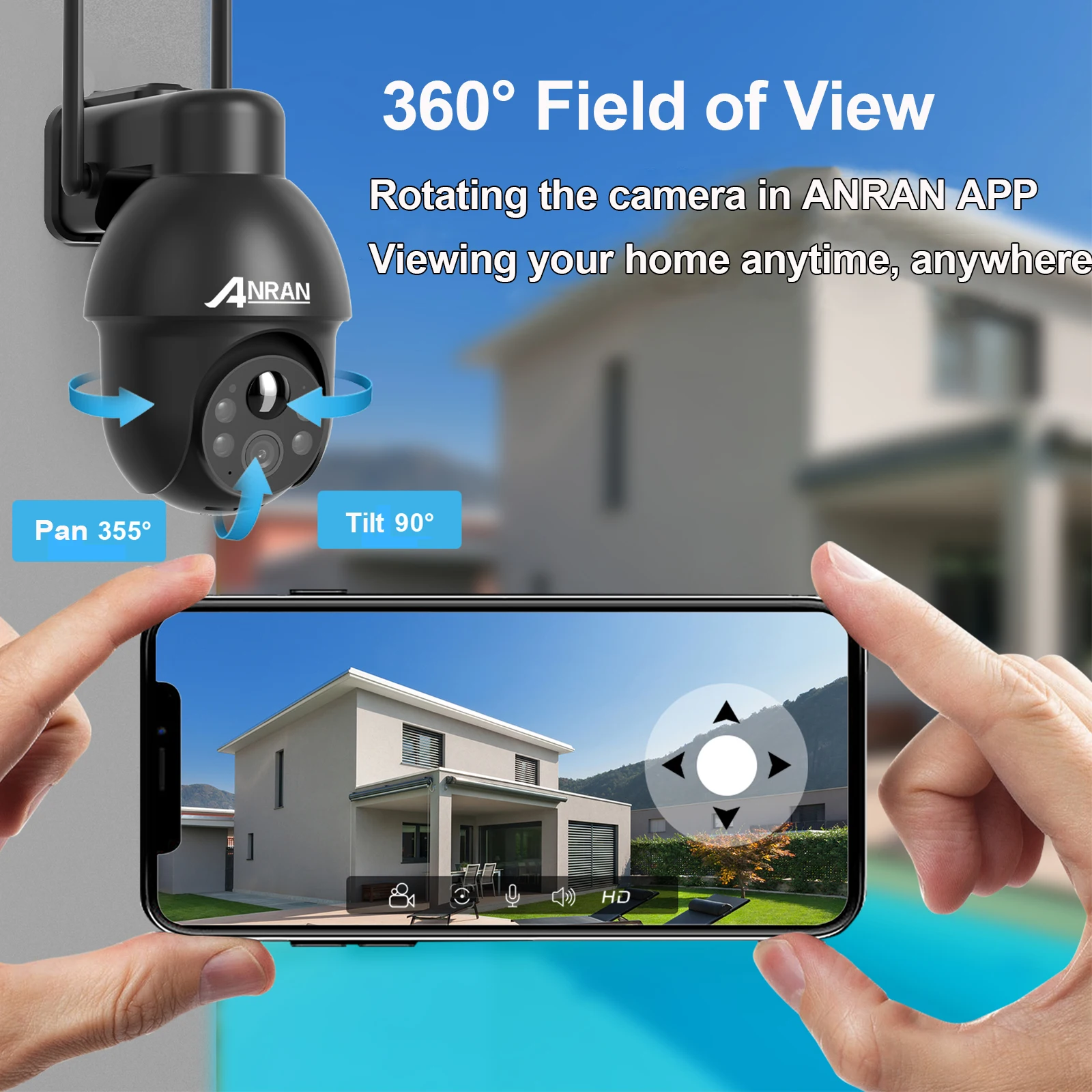 ANRAN 3MP Outdoor Surveillance Camera Alexa-Compatible 2.4G Wireless WiFi Solar Battery Camera Spotlight PIR Motion Detect