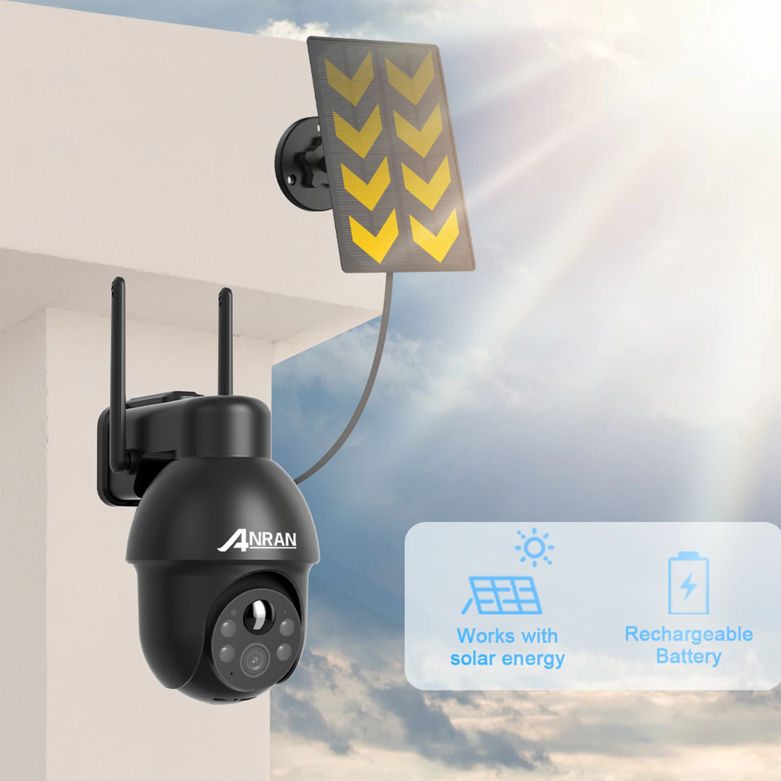 ANRAN 3MP Outdoor Surveillance Camera Alexa-Compatible 2.4G Wireless WiFi Solar Battery Camera Spotlight PIR Motion Detect