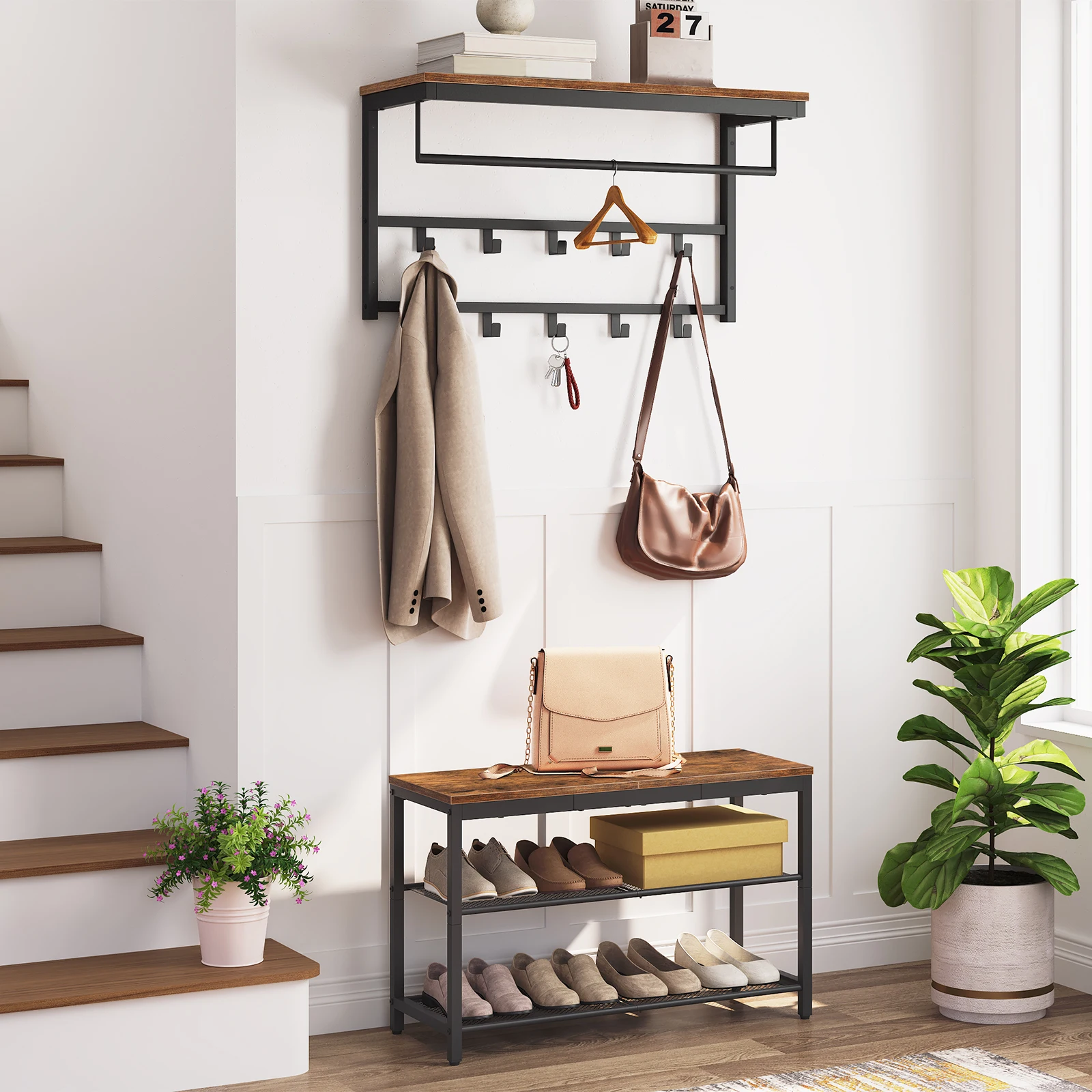 Coat Rack Wall-Mounted, Coat Hook with 10 Hooks and Shelf Hanging Rail, for Entryway, Bathroom, Living Room, Laundry Room