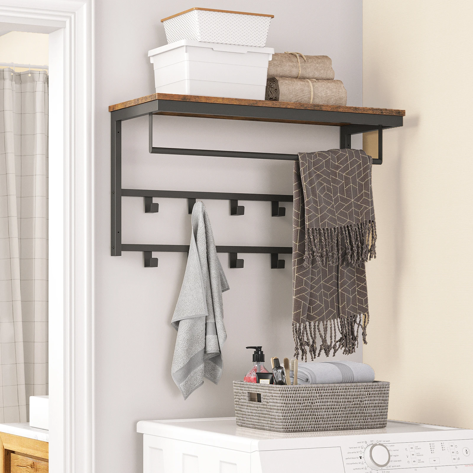Coat Rack Wall-Mounted, Coat Hook with 10 Hooks and Shelf Hanging Rail, for Entryway, Bathroom, Living Room, Laundry Room