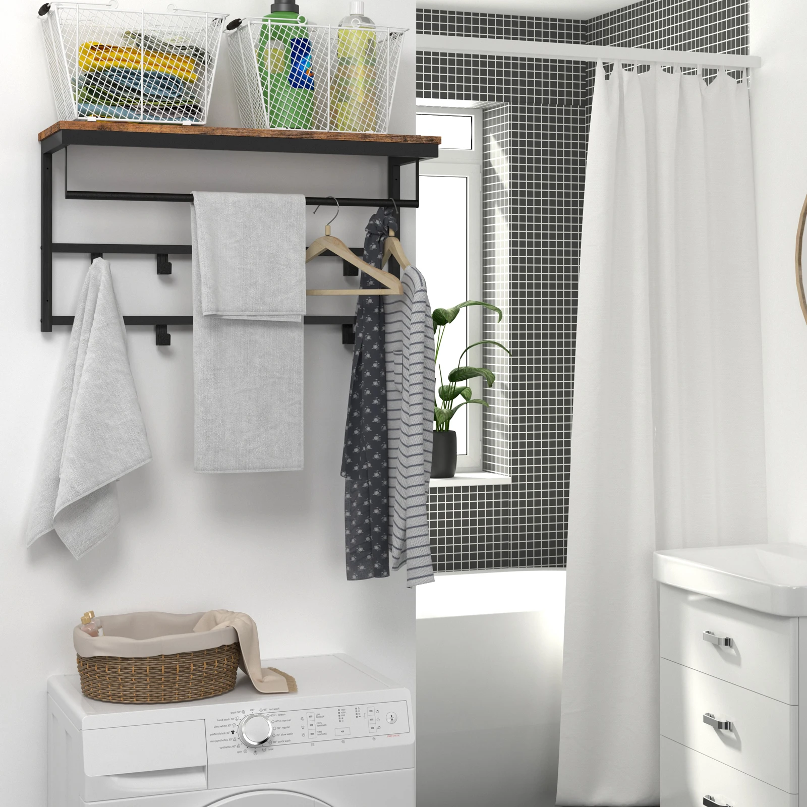 Coat Rack Wall-Mounted, Coat Hook with 10 Hooks and Shelf Hanging Rail, for Entryway, Bathroom, Living Room, Laundry Room