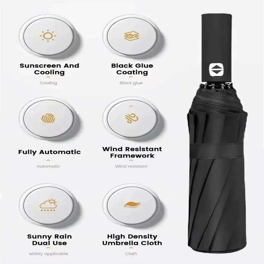 12 Bone Black Glue Fully Automatic Umbrella With Thick And Durable Keel Three Fold Umbrella UV Resistant Folding Umbrella