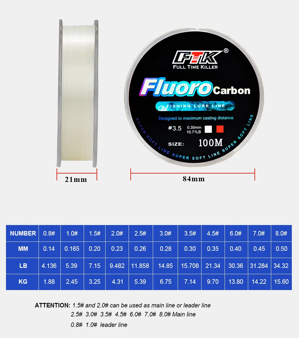 FTK 100M Fluorocarbon Coating Fishing Line 0.14mm-0.5mm 4.13LB-34.32LB Carbon Fiber Monofilament Line Carp Fishing Sinking Line