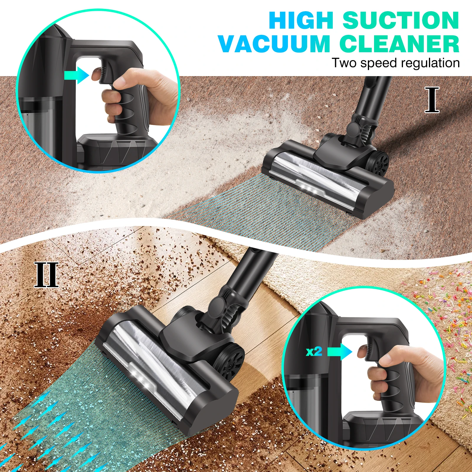 15000 Pa Cordless Vacuum Cleaner with 1 x 21V 3.0Ah Battery, Brushless Motor, Reuseable Hepa Filter, LED Headlight