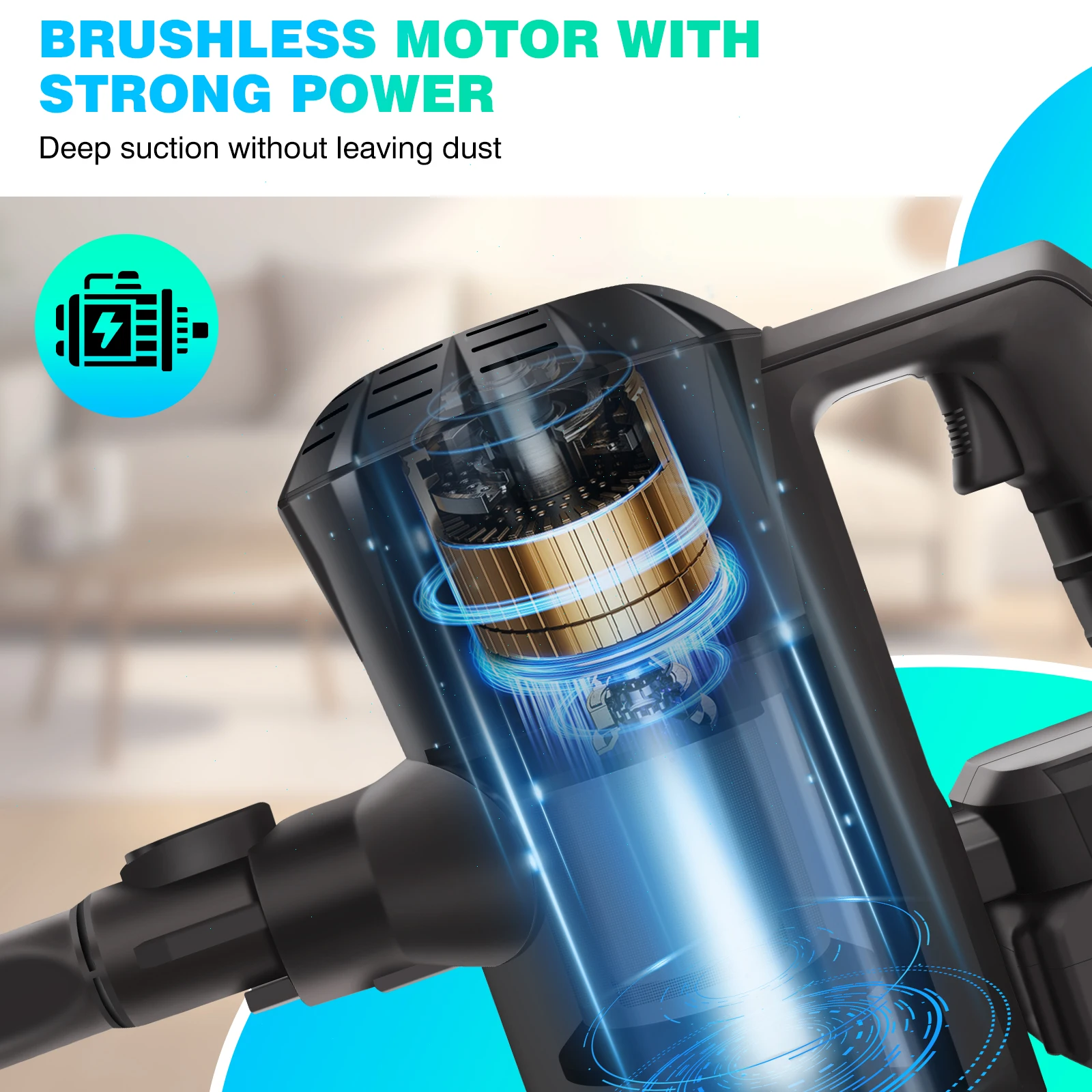 15000 Pa Cordless Vacuum Cleaner with 1 x 21V 3.0Ah Battery, Brushless Motor, Reuseable Hepa Filter, LED Headlight