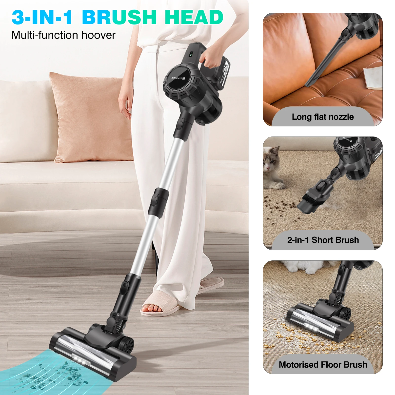 15000 Pa Cordless Vacuum Cleaner with 1 x 21V 3.0Ah Battery, Brushless Motor, Reuseable Hepa Filter, LED Headlight