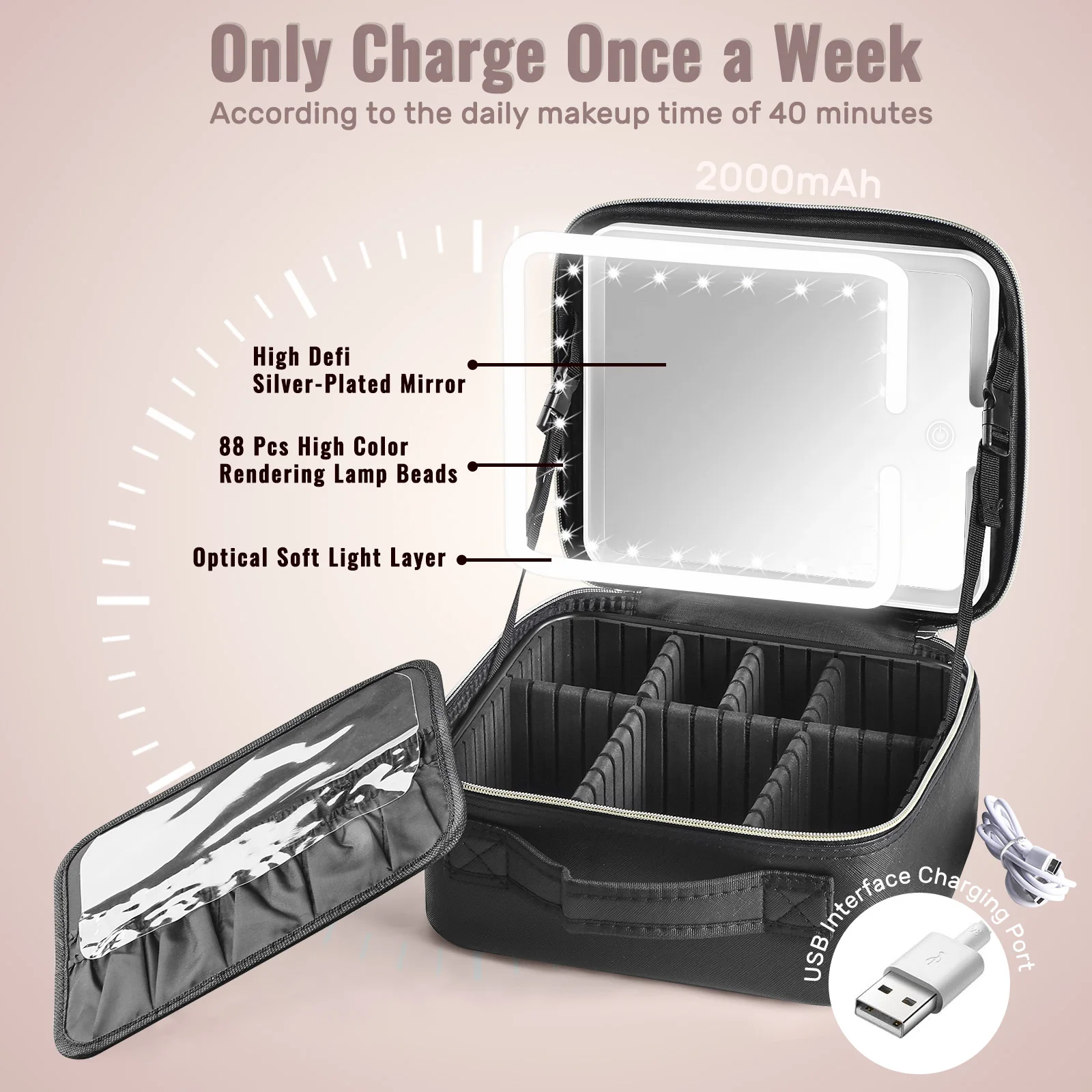 Travel Makeup Bag With LED Lighted Mirror, Makeup Train Case With Adjustable Dividers For Home,Gift,Vacation