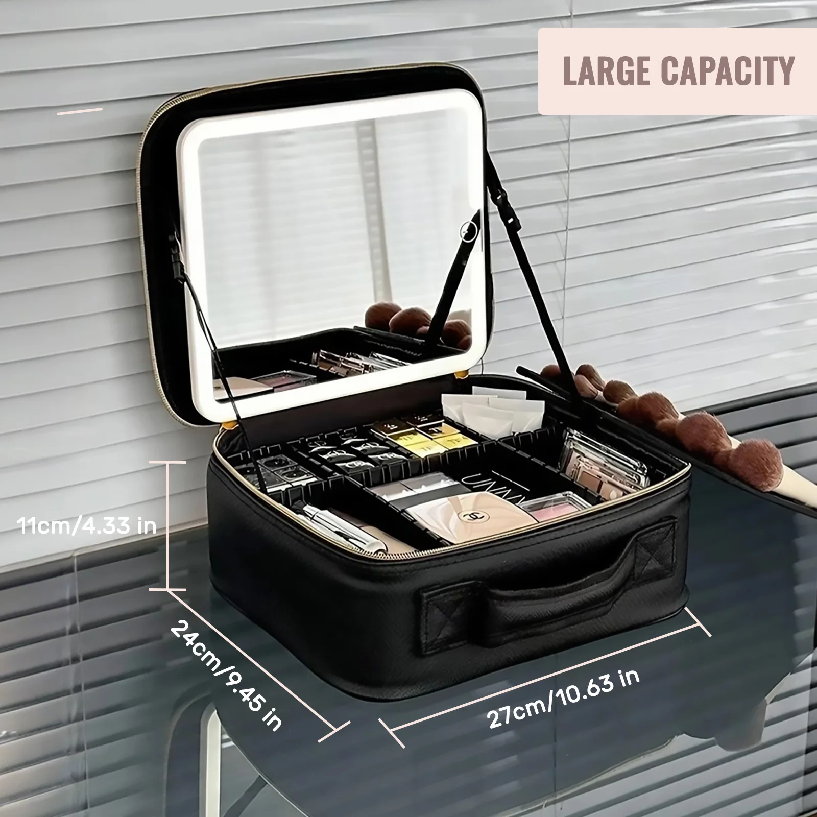 Travel Makeup Bag With LED Lighted Mirror, Makeup Train Case With Adjustable Dividers For Home,Gift,Vacation