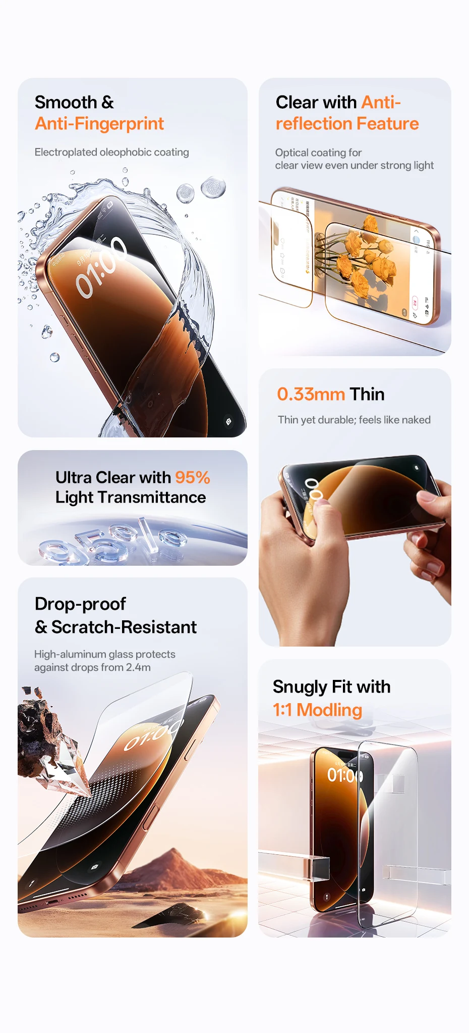 Baseus Tempered Glass for iPhone 17 16 15 14 13 12 Pro Max Screen Protector HD With Cleaning Kit Anti Peeping Dust-proof Glass