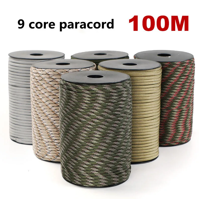 100/50M 550 Military Standard 9-Core Paracord Rope 4mm Outdoor Parachute Cord Survival Umbrella Tent Lanyard Strap Clothesline