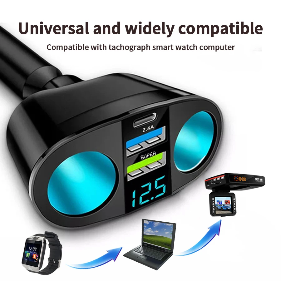 Multiple Devices Can Be Charged at the Same Time with Digital Display Car Charg Dual-port Car Charger Adapter