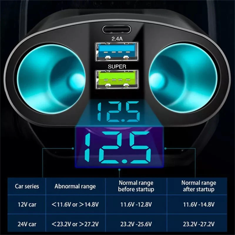 Multiple Devices Can Be Charged at the Same Time with Digital Display Car Charg Dual-port Car Charger Adapter