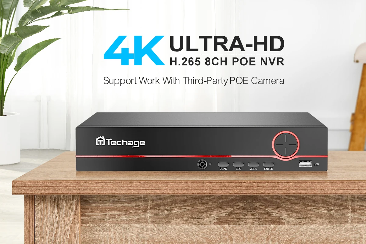 Techage H.265 8CH PoE Network Video Recorder 4MP 5MP 8MP 1080P 4K Surveillance PoE NVR Up to 16CH for Network Camera CCTV Video