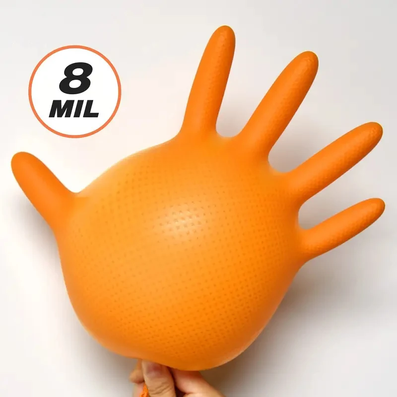Heavy Duty Orange Nitrile Gloves 8Mil Industrial Disposable Gloves with Diamond Textured Grip for Mechanic Safety & Work Gloves