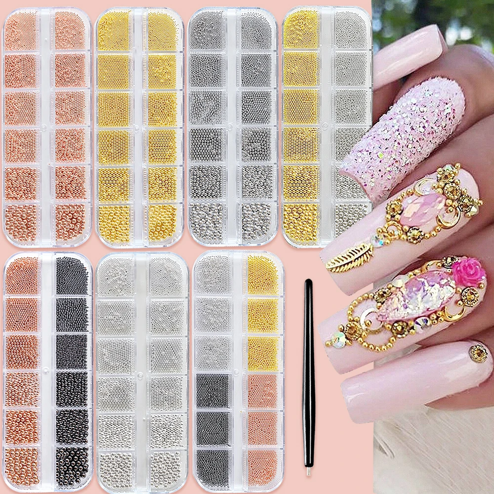 12Grids Mini Caviar Beads Nail Art Decorations Metal Gold/Silver Micro Ball Nail Charms Magnetic Pen 0.5~3mm Ball Nail Jewelry