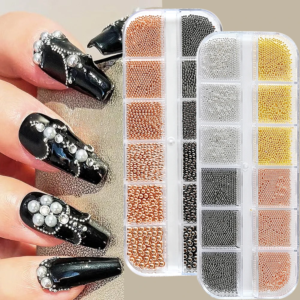 12Grids Mini Caviar Beads Nail Art Decorations Metal Gold/Silver Micro Ball Nail Charms Magnetic Pen 0.5~3mm Ball Nail Jewelry