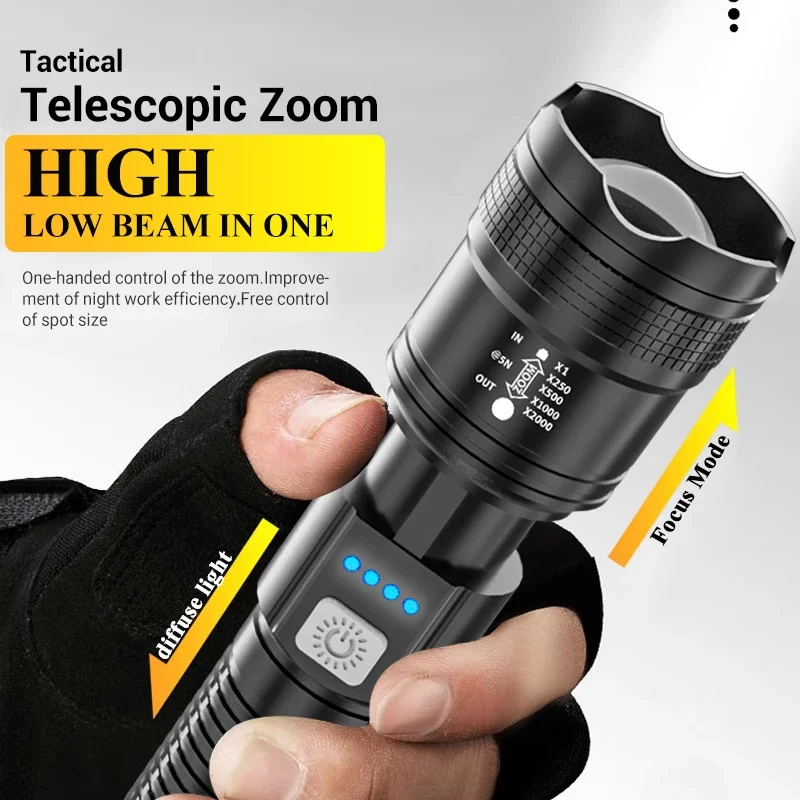 High Strong Power Led Flashlights 2000LM Tactical Torch with Display Light USB Charging Camping Fishing Emergency Zoom Lantern