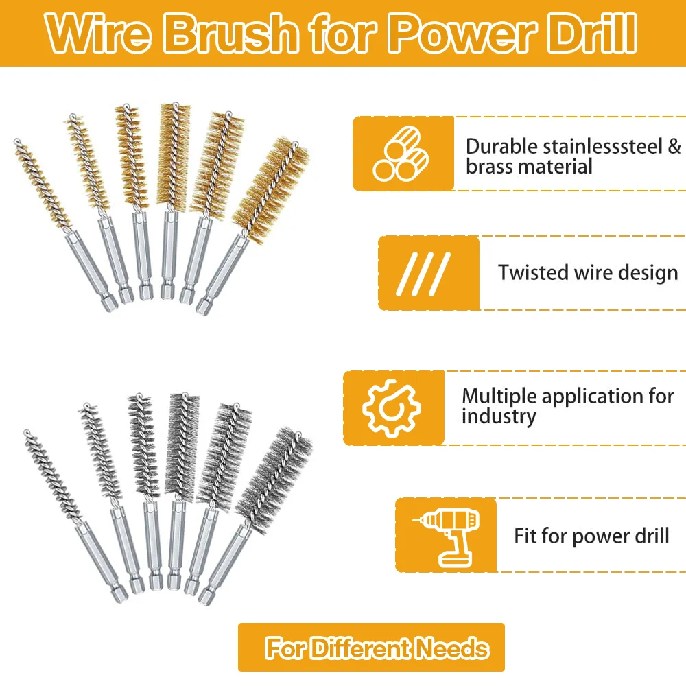 6/12Pcs Stainless Steel Wire Brush,Drilling Cleaning Brush Set, 1/4 Inch Hexagonal Handle, Grinding Polishing Rust Removal Tools