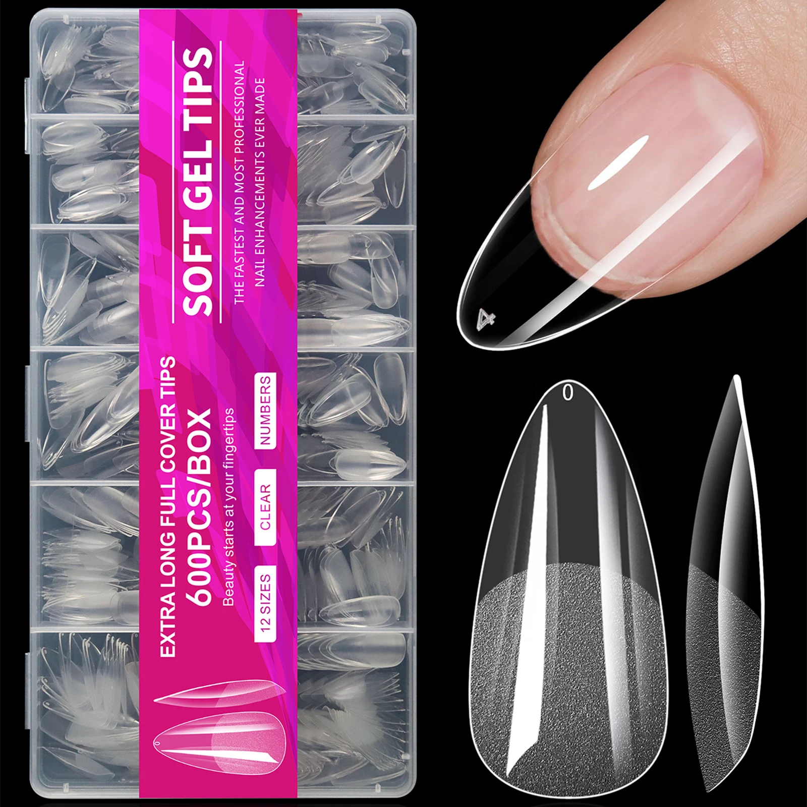 100/320/600Pcs Short Almond Nail Tips Soft Gel Nail Tips Full Cover False Nail Tips For Acrylic Nails Salon Home Press On Nails