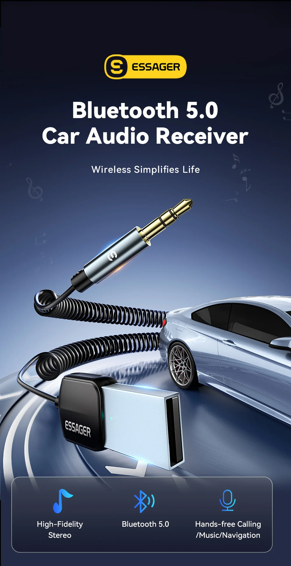 Essager USB Bluetooth 5.0 Receiver Aux Bluetooth Adapter For Car 3.5mm Jack Speaker Auto Handfree Car Audio Music Transmitter