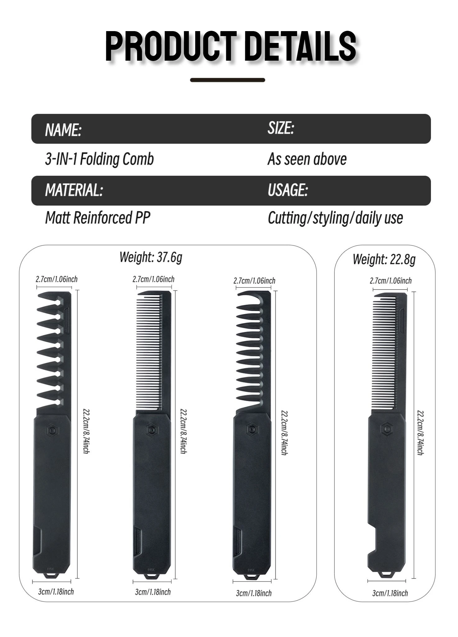New 1/2/3 in 1 Pocket Folding Combs Plastic Wide Tooth Oil Head Comb Beard Combing Barber Clipper Comb Salon Hair Styling Tools