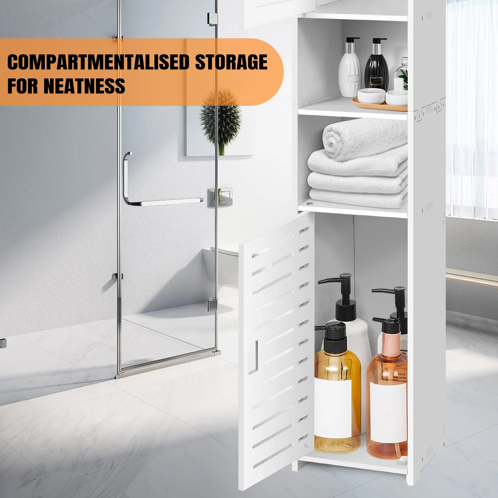 DayPlus 5-Tier Tall Bathroom Floor Cabinet, Waterproof Bathroom Storage Cabinet with Door and Shelves, Free Standing Cabinet