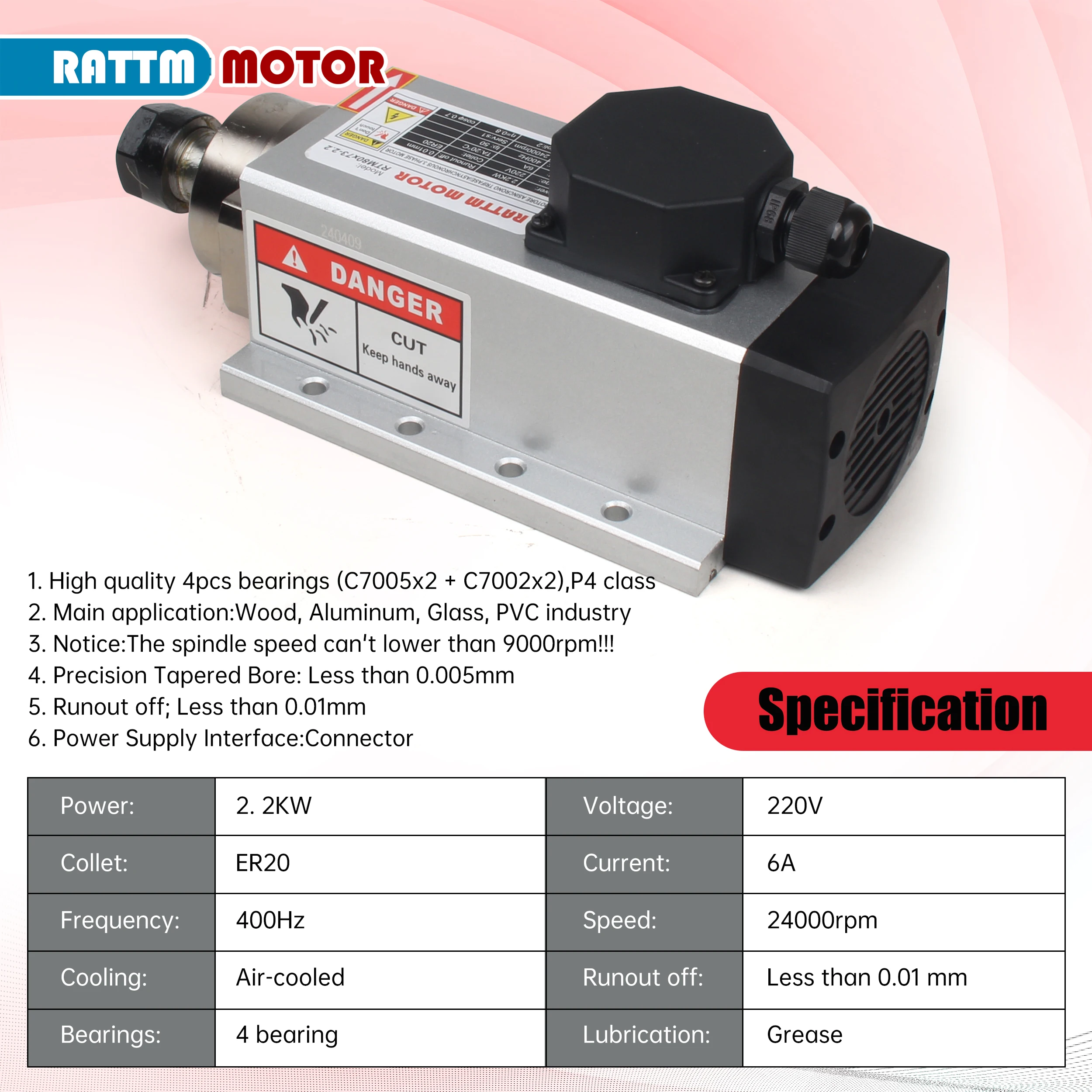 【EU】 2.2KW ER20 High Speed Square Air Cooled Cooling spindle motor Woodworking CNC Router Milling Kit + Inverter VFD