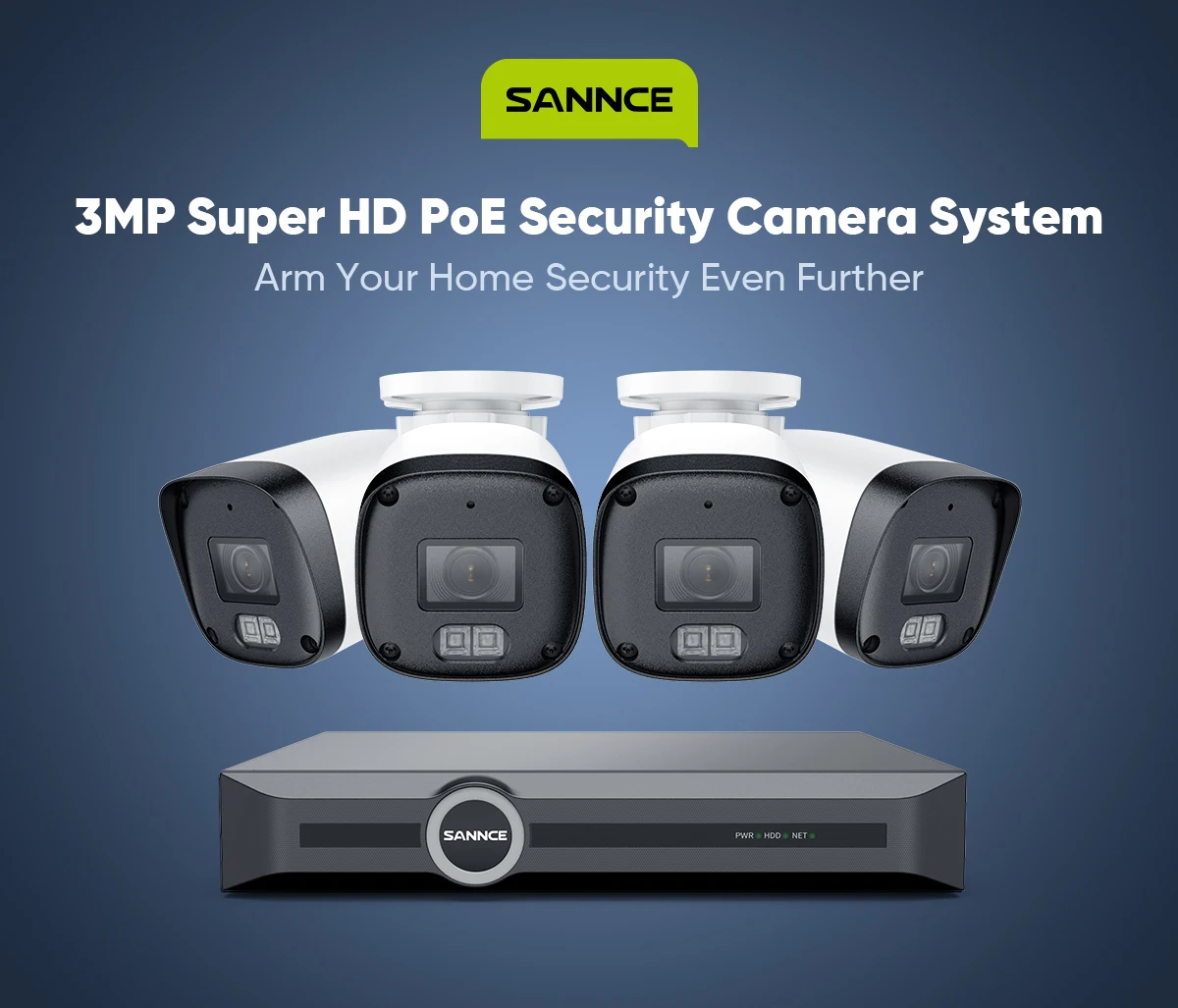 SANNCE 8CH NVR 3MP Security Camera System 4pcs PoE IP Cameras 24/7 Recording 1/2/4TB HDD Smart Detection H.265 Video Recorder