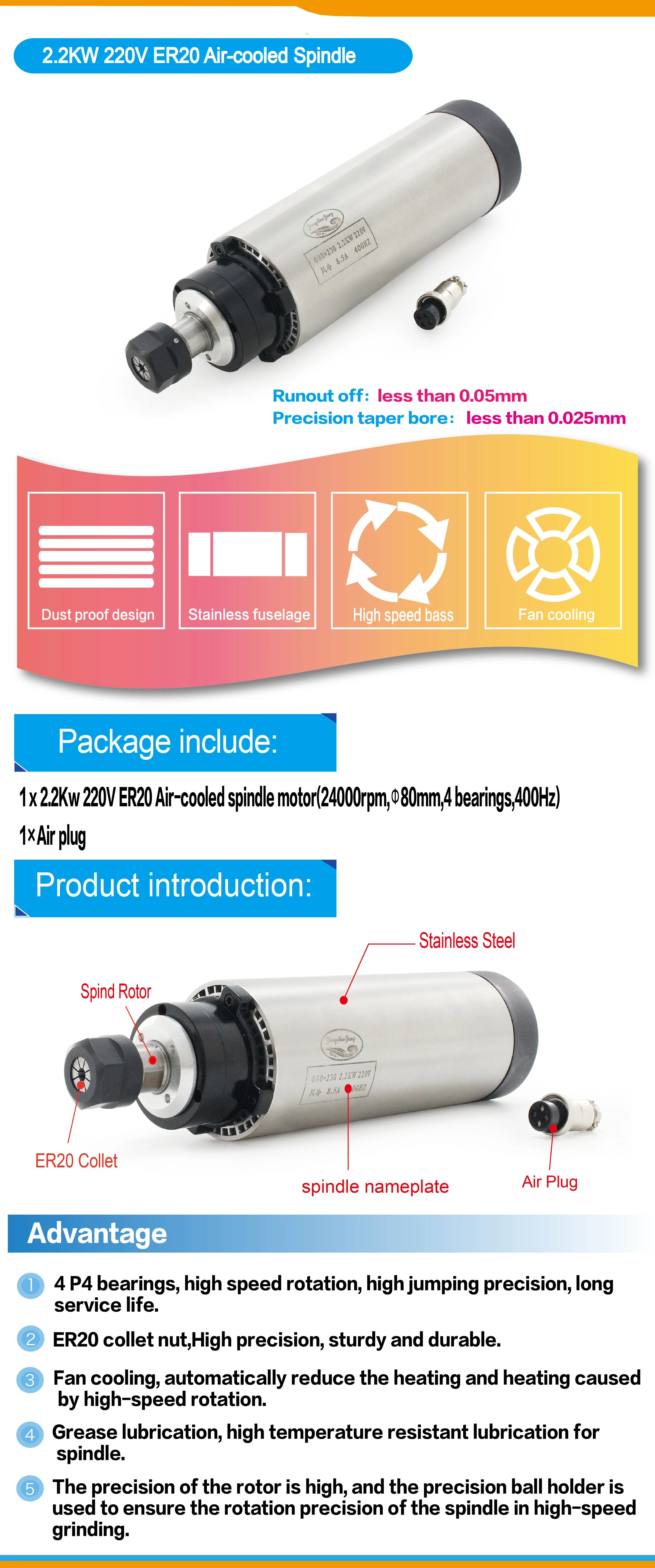 【EU】 2.2KW ER20 CNC Router Milling Kit Air cooled Cooling spindle motor With HY frequency converter vfd inverter