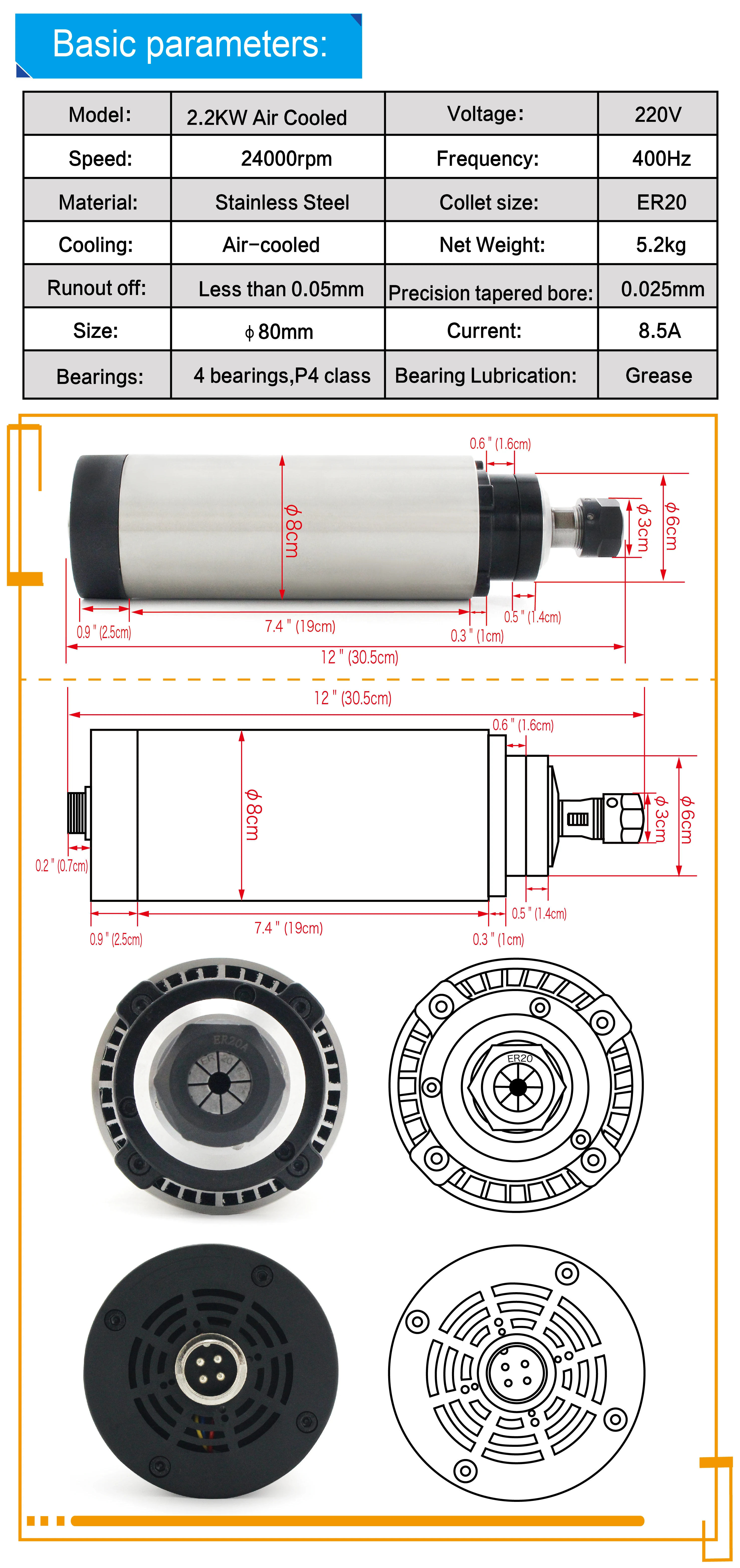 【EU】 2.2KW ER20 CNC Router Milling Kit Air cooled Cooling spindle motor With HY frequency converter vfd inverter