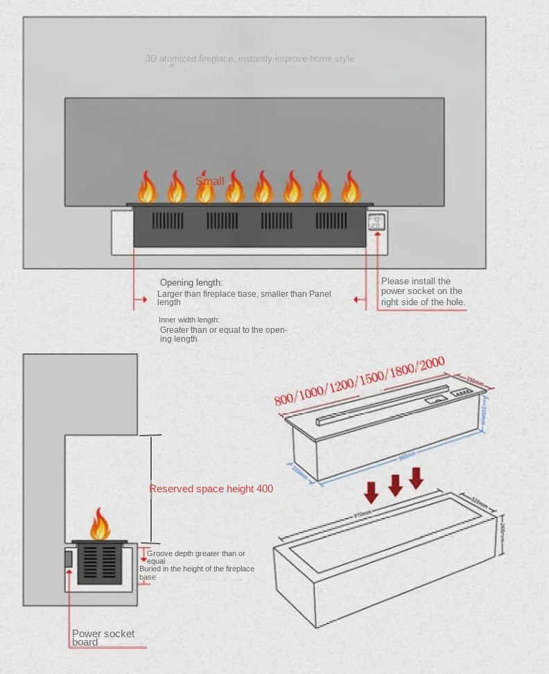 Realistic 3D multi-color flame, intelligent atomization fireplace, TuYA APP control, electric steam electric fireplace, adjustab