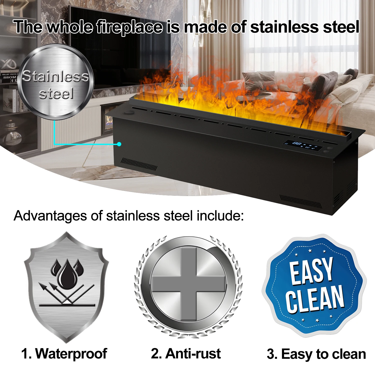 Realistic 3D multi-color flame, intelligent atomization fireplace, TuYA APP control, electric steam electric fireplace, adjustab