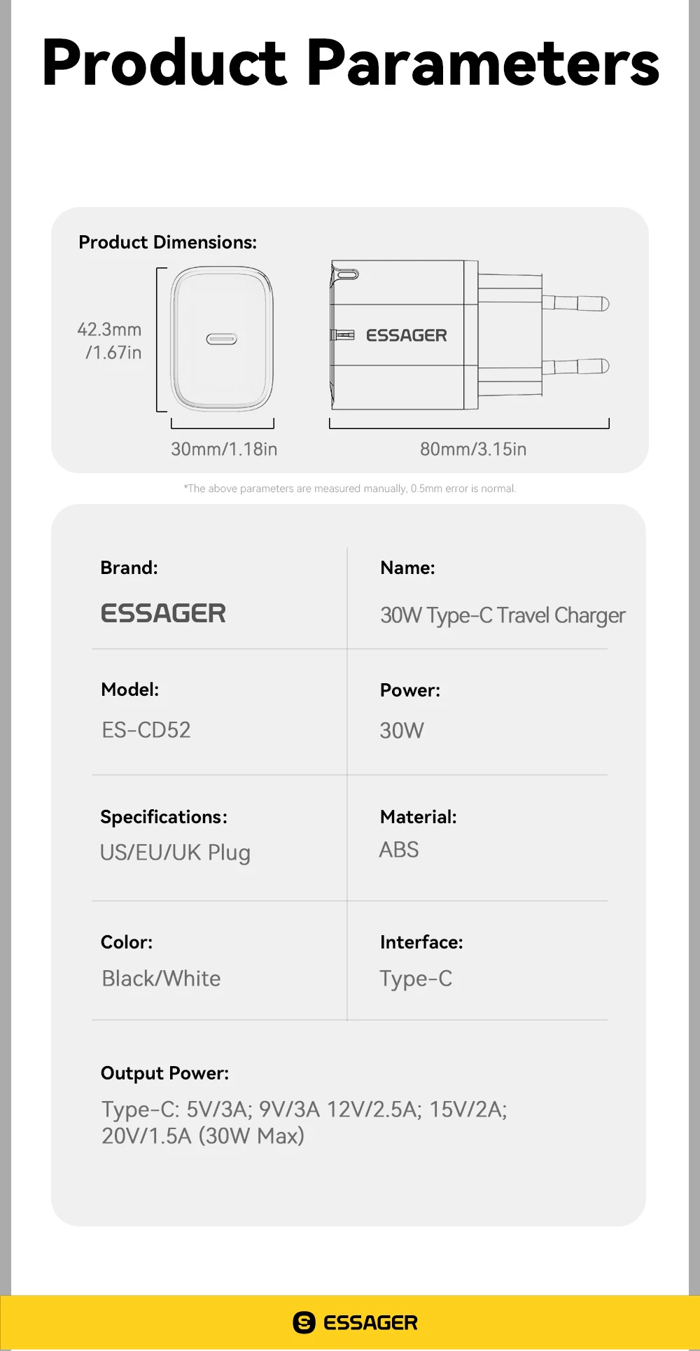 Essager Mini 30W Type C Charger PD QC3.0 Fast Type C Charger For iPhone 16 15 14 13 Pro Samsung S25 Xiaomi iPad Travel Adapter