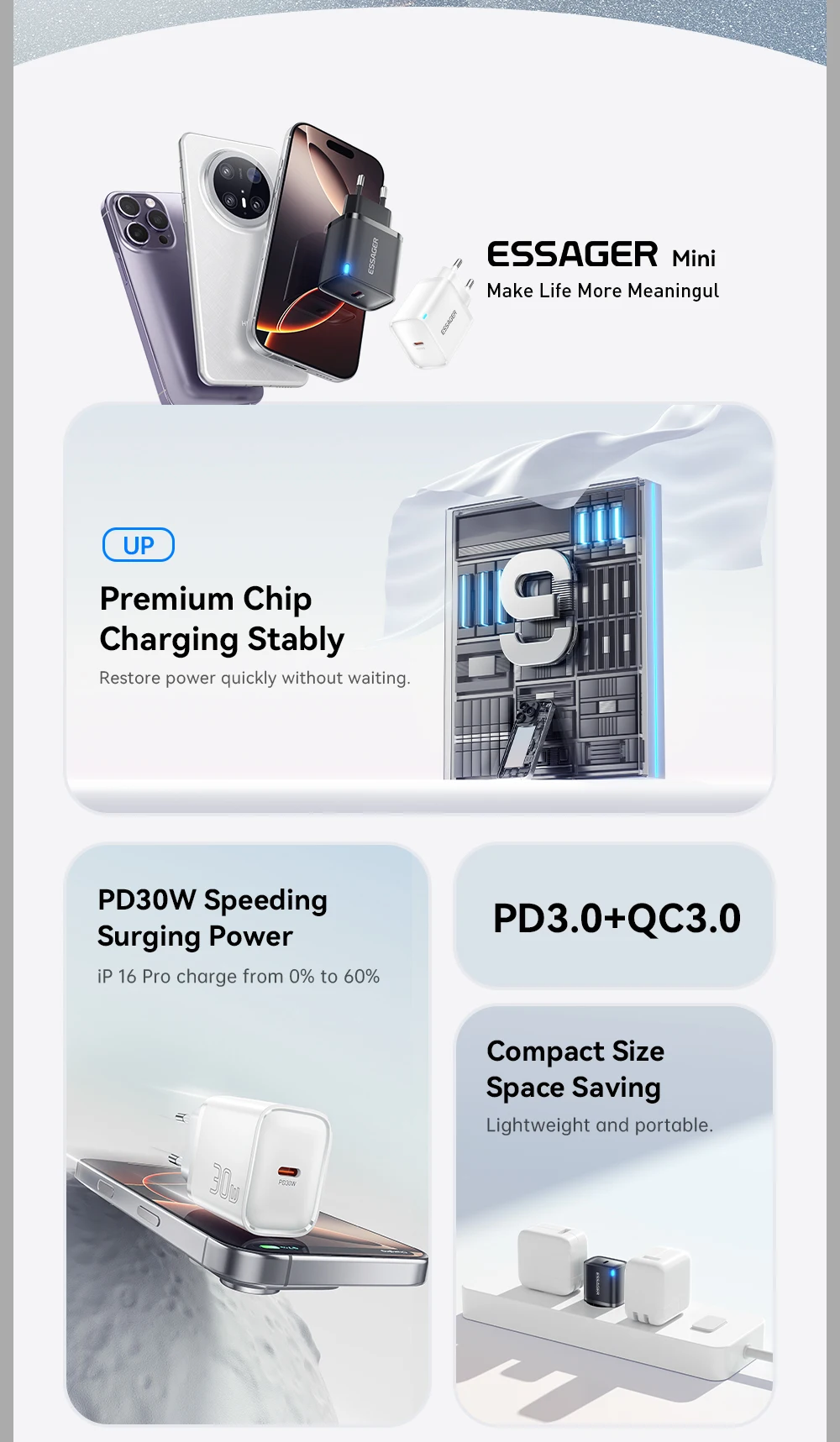 Essager Mini 30W Type C Charger PD QC3.0 Fast Type C Charger For iPhone 16 15 14 13 Pro Samsung S25 Xiaomi iPad Travel Adapter