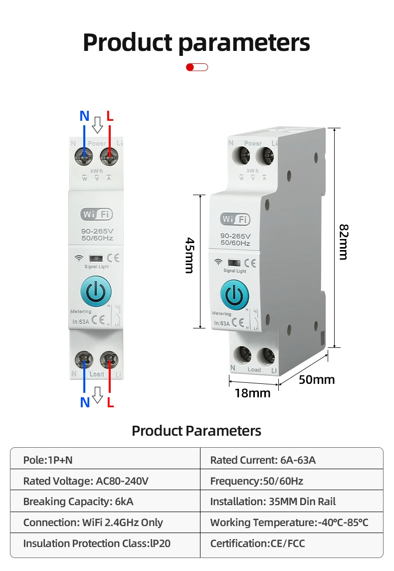 Tuya WiFi Smart Circuit Breaker MCB 1P+N 63A Timer Power Energy kWh Voltage Current Meter Protector Voice Remote Control Switch