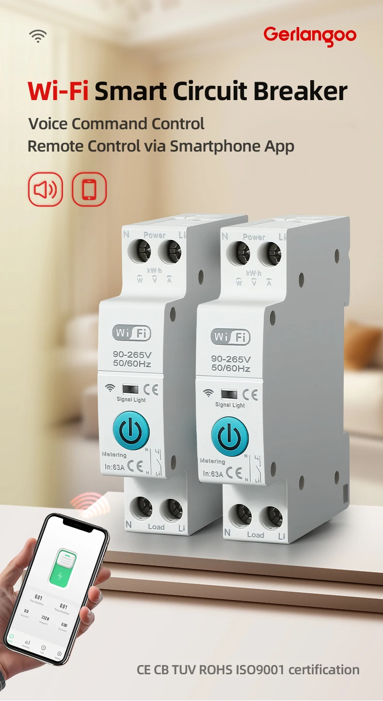 Tuya WiFi Smart Circuit Breaker MCB 1P+N 63A Timer Power Energy kWh Voltage Current Meter Protector Voice Remote Control Switch