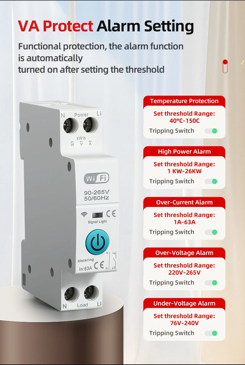 Tuya WiFi Smart Circuit Breaker MCB 1P+N 63A Timer Power Energy kWh Voltage Current Meter Protector Voice Remote Control Switch