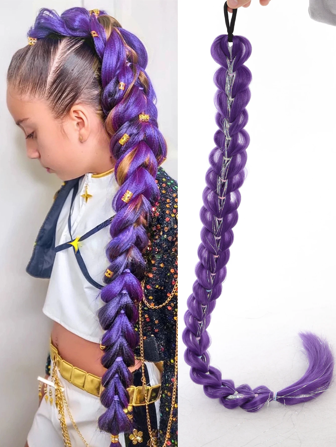 32inch Braided Purple Hair Ponytail with Tinsel Hair Wig Super Extensions Shiny Tinsel Hair for Kids Christmas Cosplay Rumi Hair
