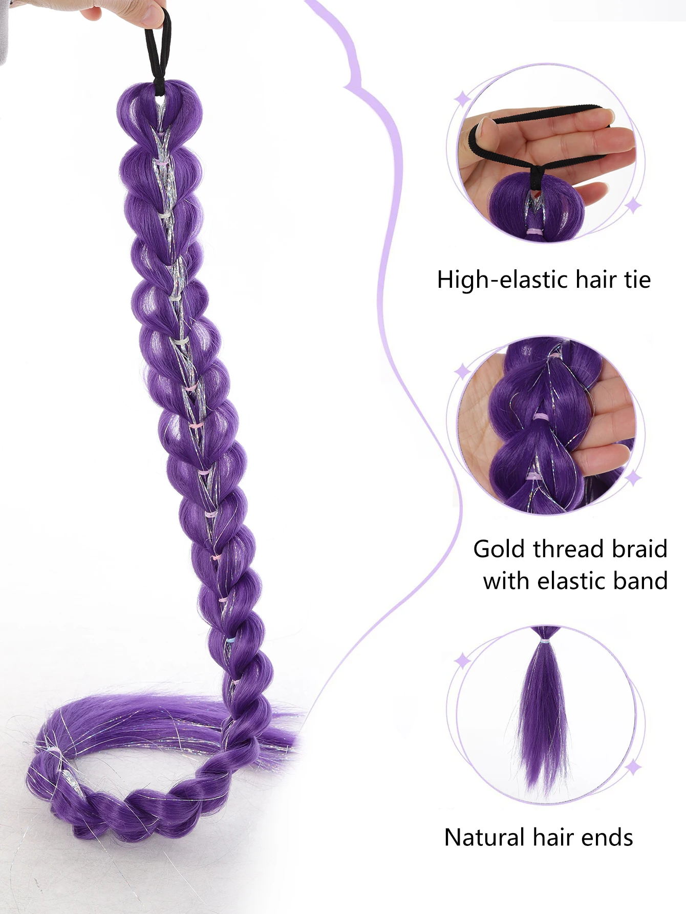 32inch Braided Purple Hair Ponytail with Tinsel Hair Wig Super Extensions Shiny Tinsel Hair for Kids Christmas Cosplay Rumi Hair