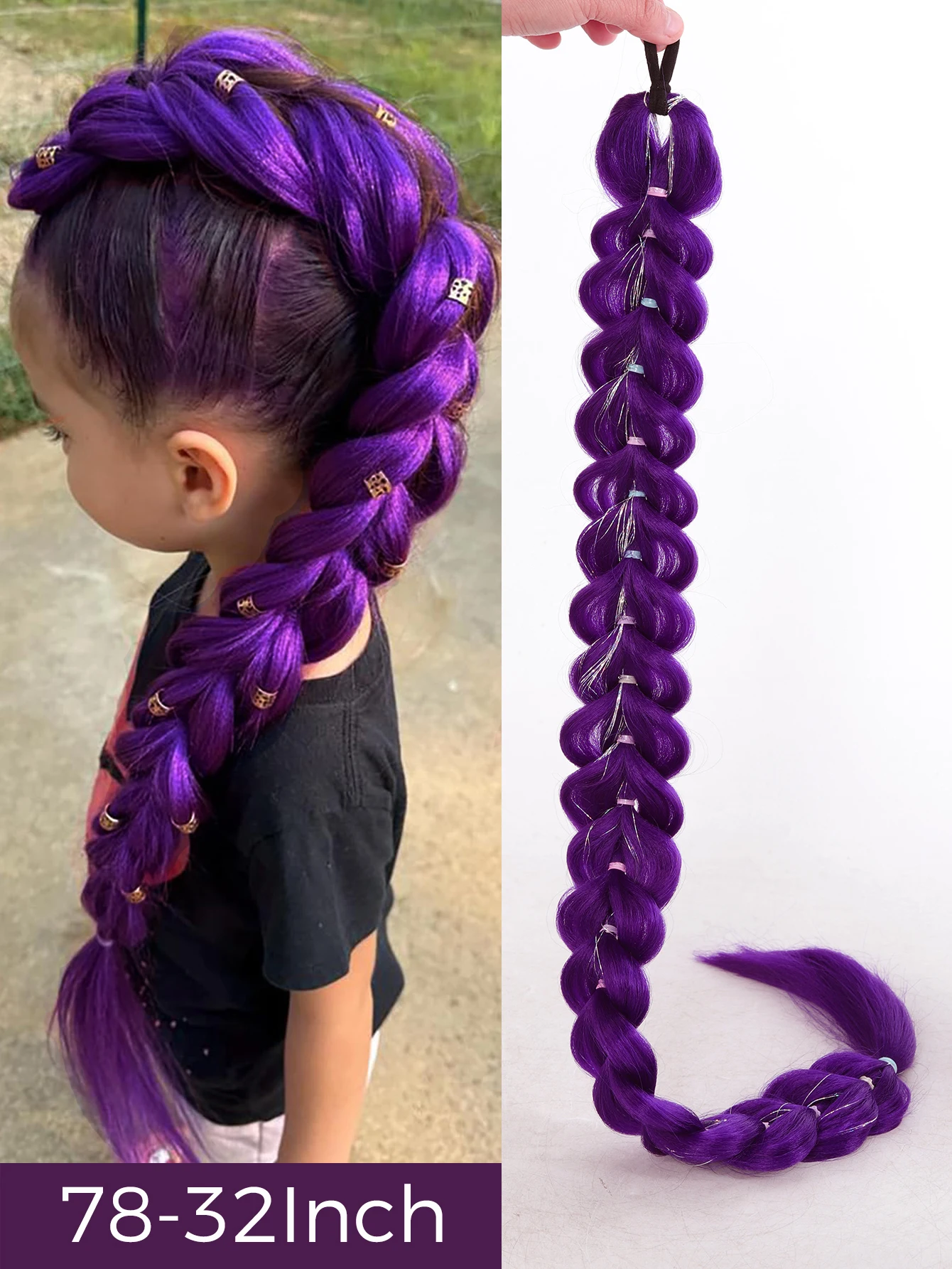 32inch Braided Purple Hair Ponytail with Tinsel Hair Wig Super Extensions Shiny Tinsel Hair for Kids Christmas Cosplay Rumi Hair