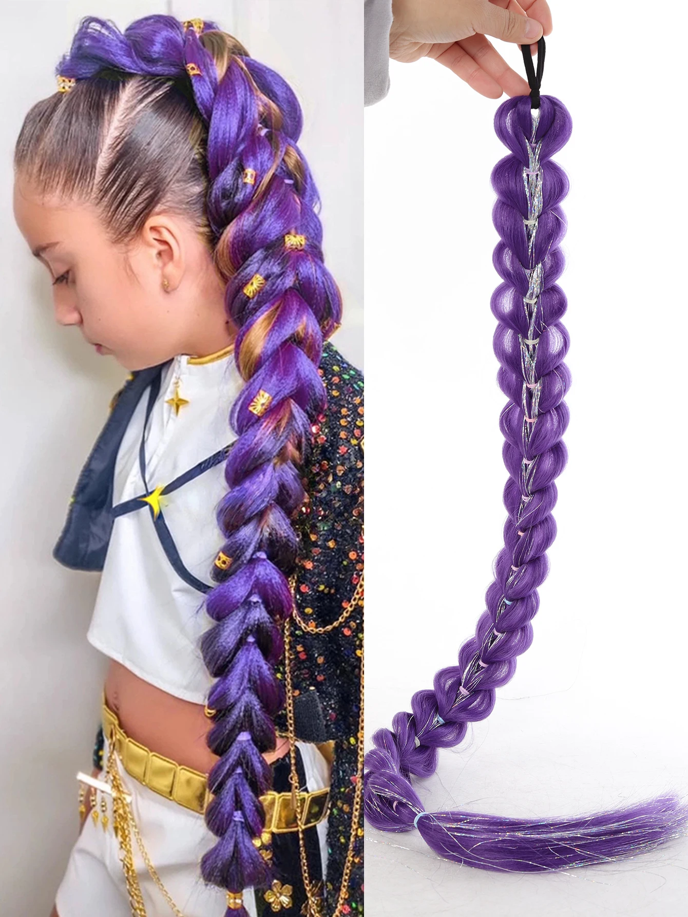 32inch Braided Purple Hair Ponytail with Tinsel Hair Wig Super Extensions Shiny Tinsel Hair for Kids Christmas Cosplay Rumi Hair