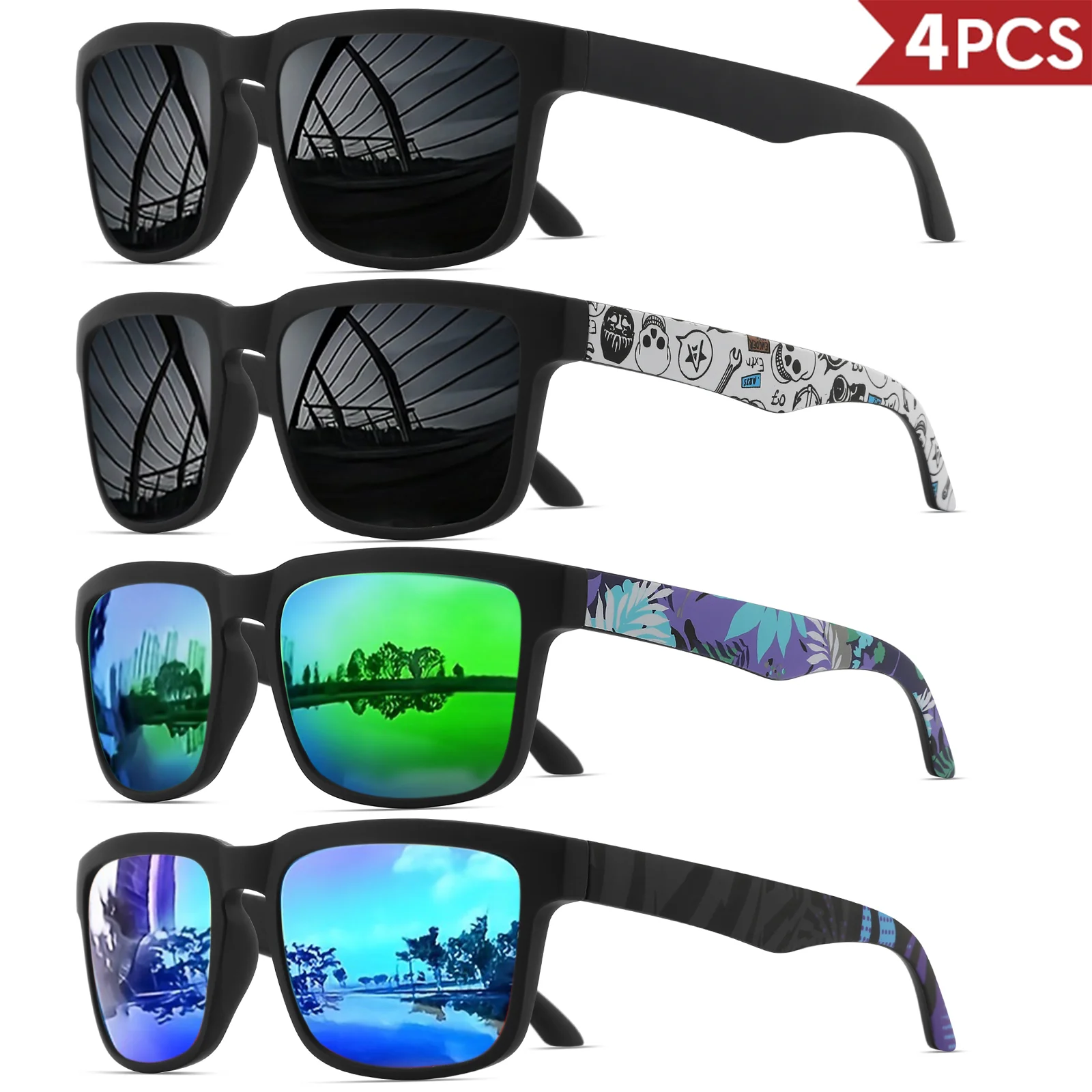 4PCS Square Sports Sunglasses with Designer Temple Pattern - UV400 for Men Women, Beach Vacation