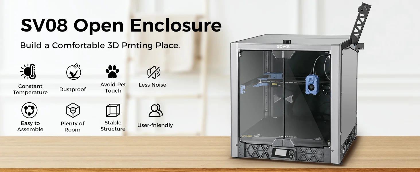 Sovol Metal and Tempered Glass Open Enclosure with Drag Chain and Filter Fan for Sovol SV08