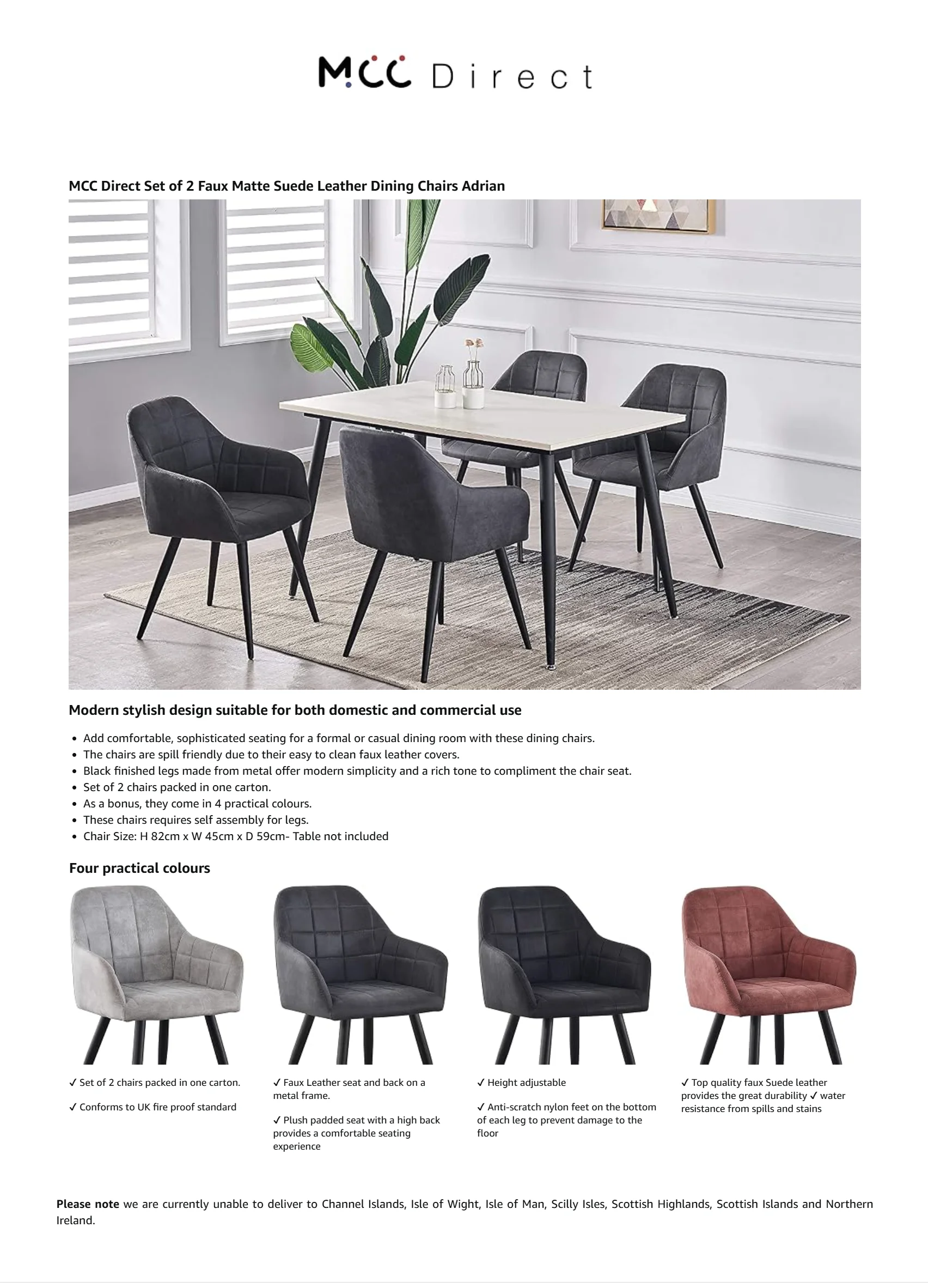 mcc direct 2x Faux Matte Suede Leather Dining Chairs Accent Chairs home & restaurants Adrian