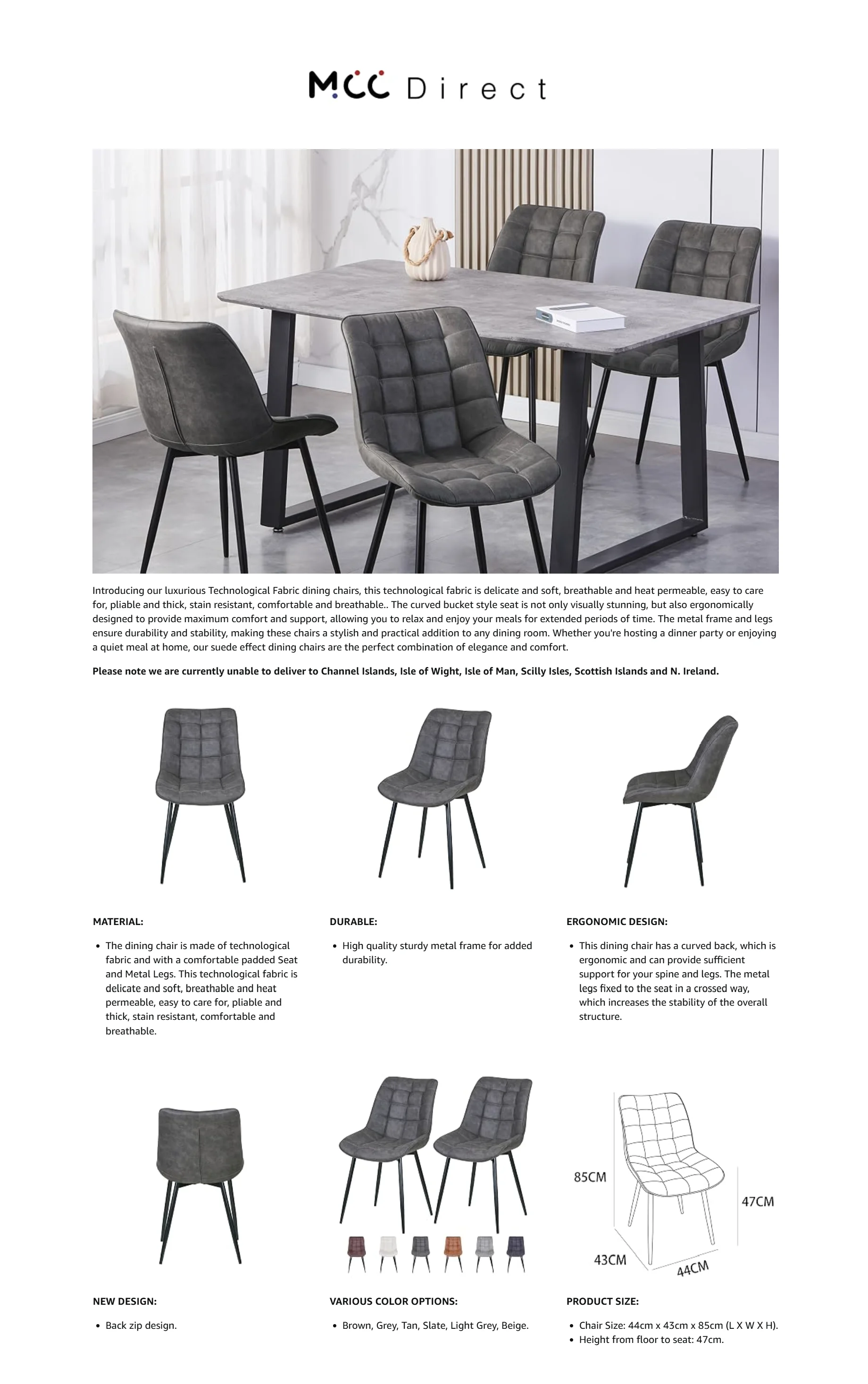 mcc direct set of 2 Dining Chairs w/Faux Matte Suede Leather and Padded Seat for Living Room, Kitchen Room & Restaurant Alba