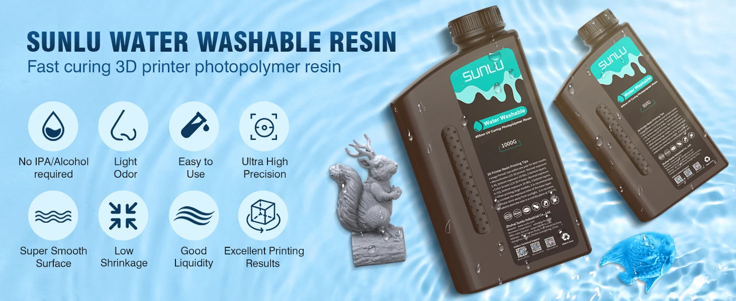 SUNLU 10KG Water Washable / Water Washable ABS Resin 1000G/Bottle 405nm Rapid UV-Curing Photopolymer Resin For LCD 3D Print